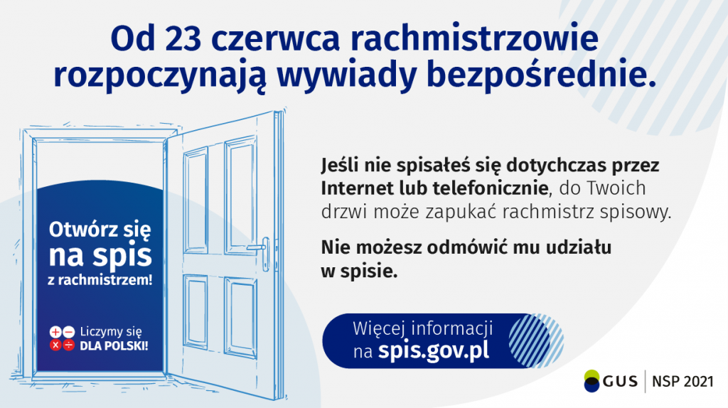 Z lewej otwarte białe drzwi, w których jest tekst: Otwórz się na spis z rachmistrzem, Liczymy się dla Polski. Resztę ulotki zajmuje tekst stanowiący streszczenie poniższych informacji.
